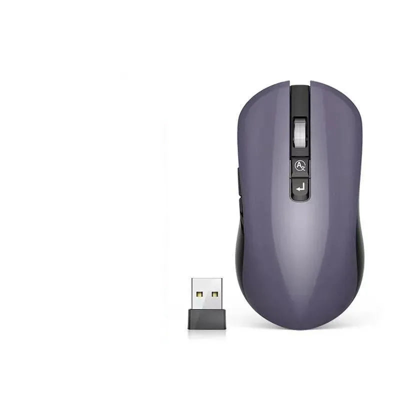 Black wireless gaming mouse with microphone grille, seven buttons, and a scroll wheel on a desk.