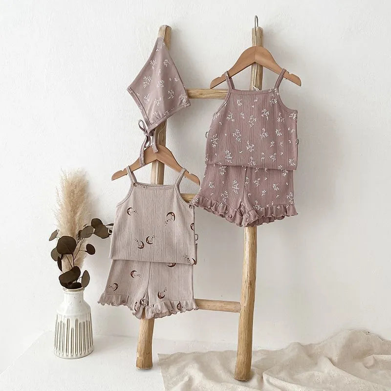 Girls' cotton camisole and shorts set in Pink Floret colour, sized 110cm height, on a plain background