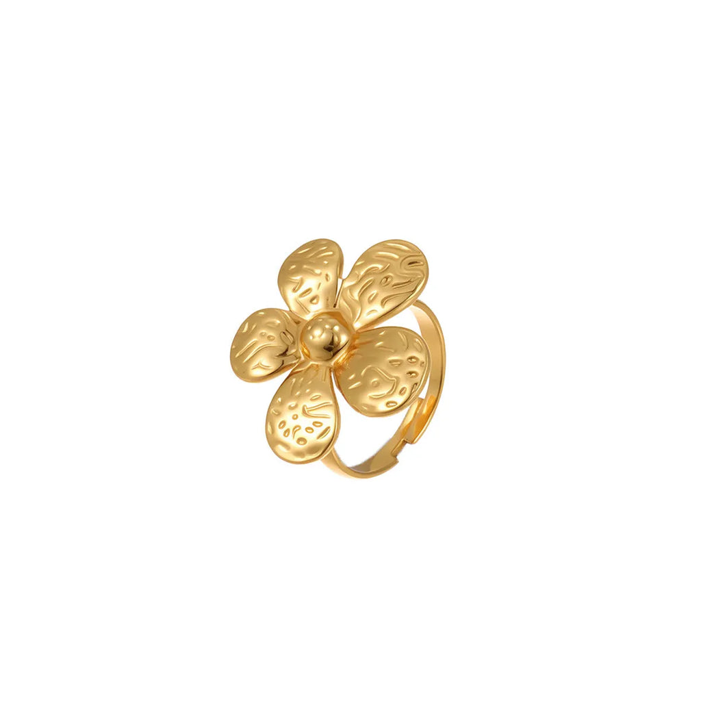 Stainless steel geometry pattern flower ring with open design for women in affordable luxury style