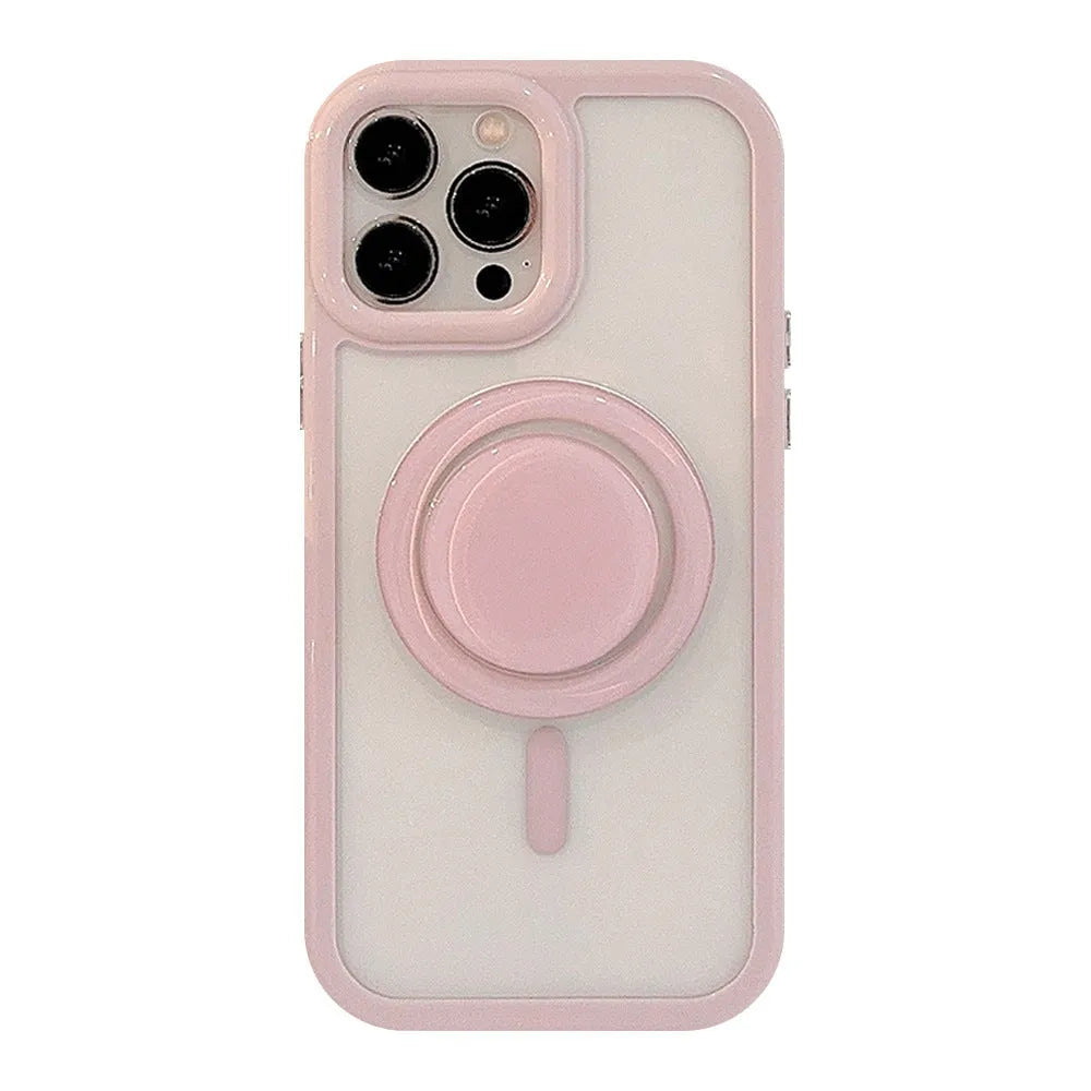 Magnetic bracket phone case for iPhone 16 in transparent style with black edge, showing stand flipped out