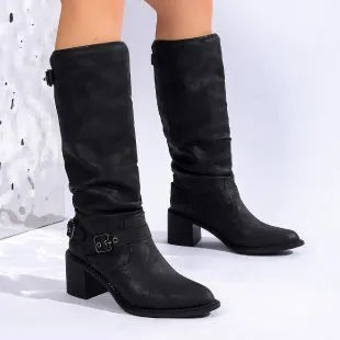 Black women's chunky heel boots with buckle detail, artificial PU upper, rubber sole, tip toe, sizes 36-43