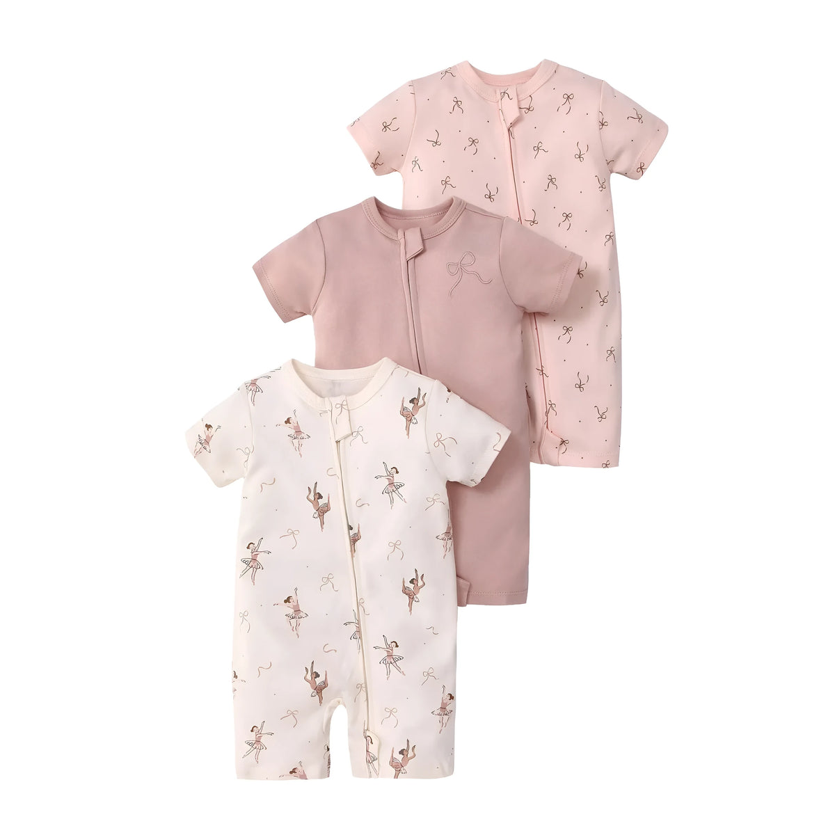 Three baby jumpsuits with short sleeves and double-headed zipper in cotton fabric, featuring animal and stripe patterns