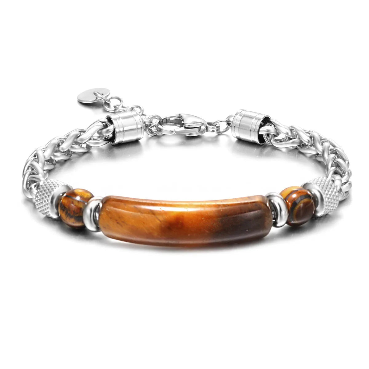 Natural stone bracelet with tiger eye stone black matte beads and colourful natural stone on stainless steel chain 6cm diameter