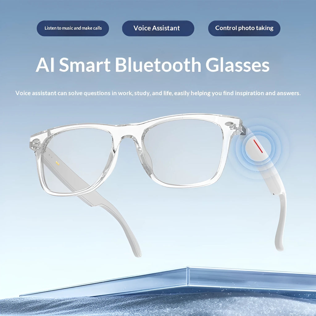 White transparent Bluetooth blue light blocking glasses with touch controls and PC frame