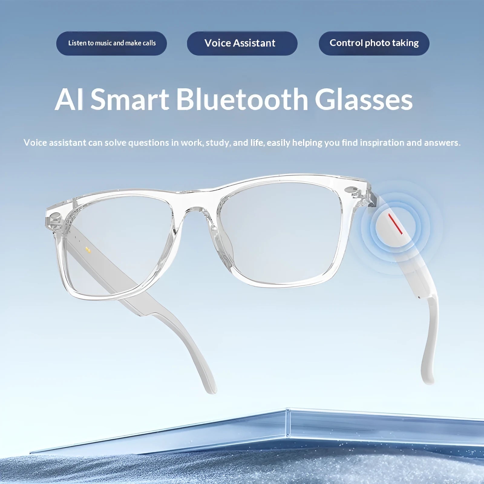 White transparent Bluetooth blue light blocking glasses with touch controls and PC frame