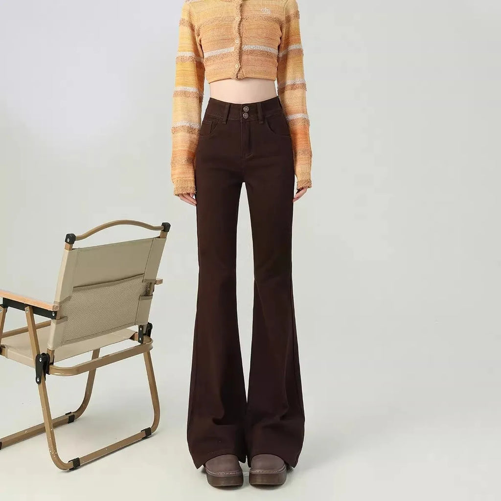 Brown high-waisted flared pants with double button, cotton, straight leg, petite fit.