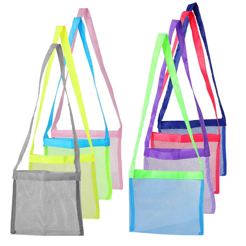Blue nylon mesh travel storage bag with drawstring closure showing dimensions of 20cm by 25cm by 8cm