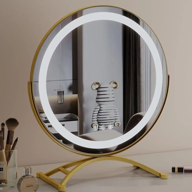 Rotating dressing table mirror with metal frame and LED charging light in black, 40cm diameter