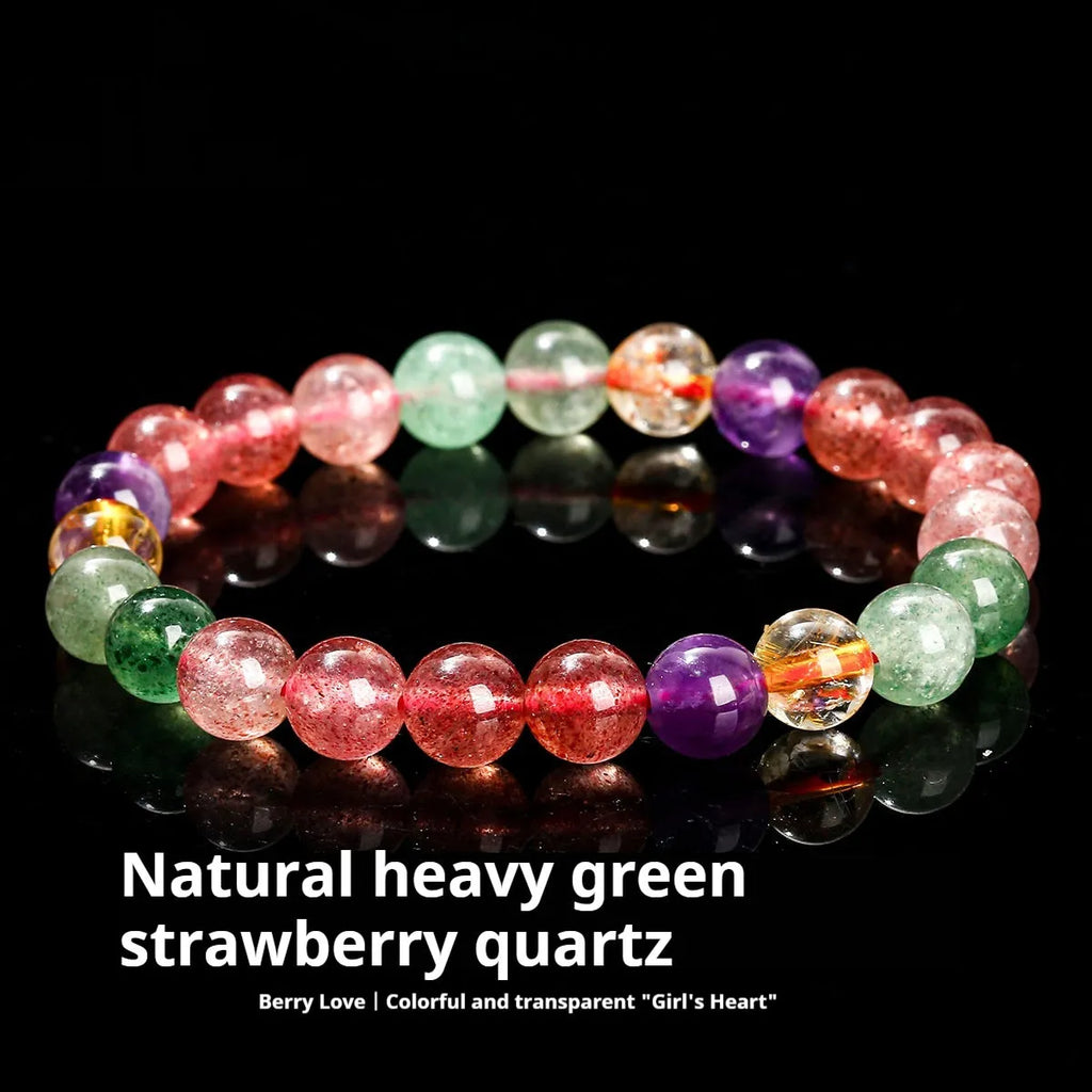 Women's strawberry quartz bracelet with tourmaline colour in round 7mm, 8mm, and 9mm bead sizes.