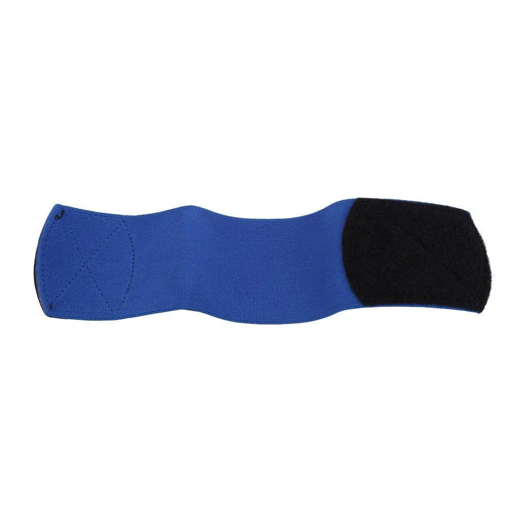 Red elastic rubber strap for securing football shin guards, shown at approximate size.