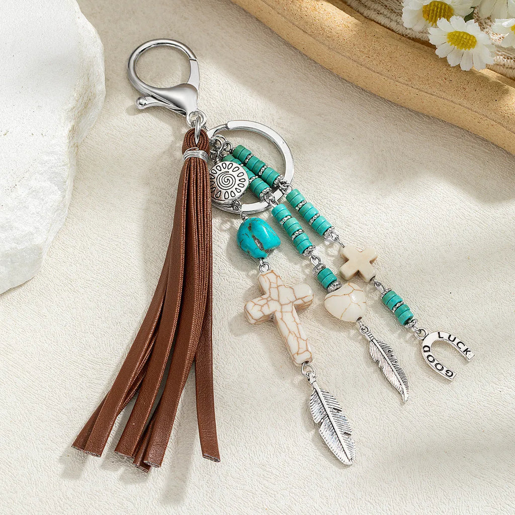 Alloy cross pendant with leather rope and tassel keychain in retro style colour XY-3669