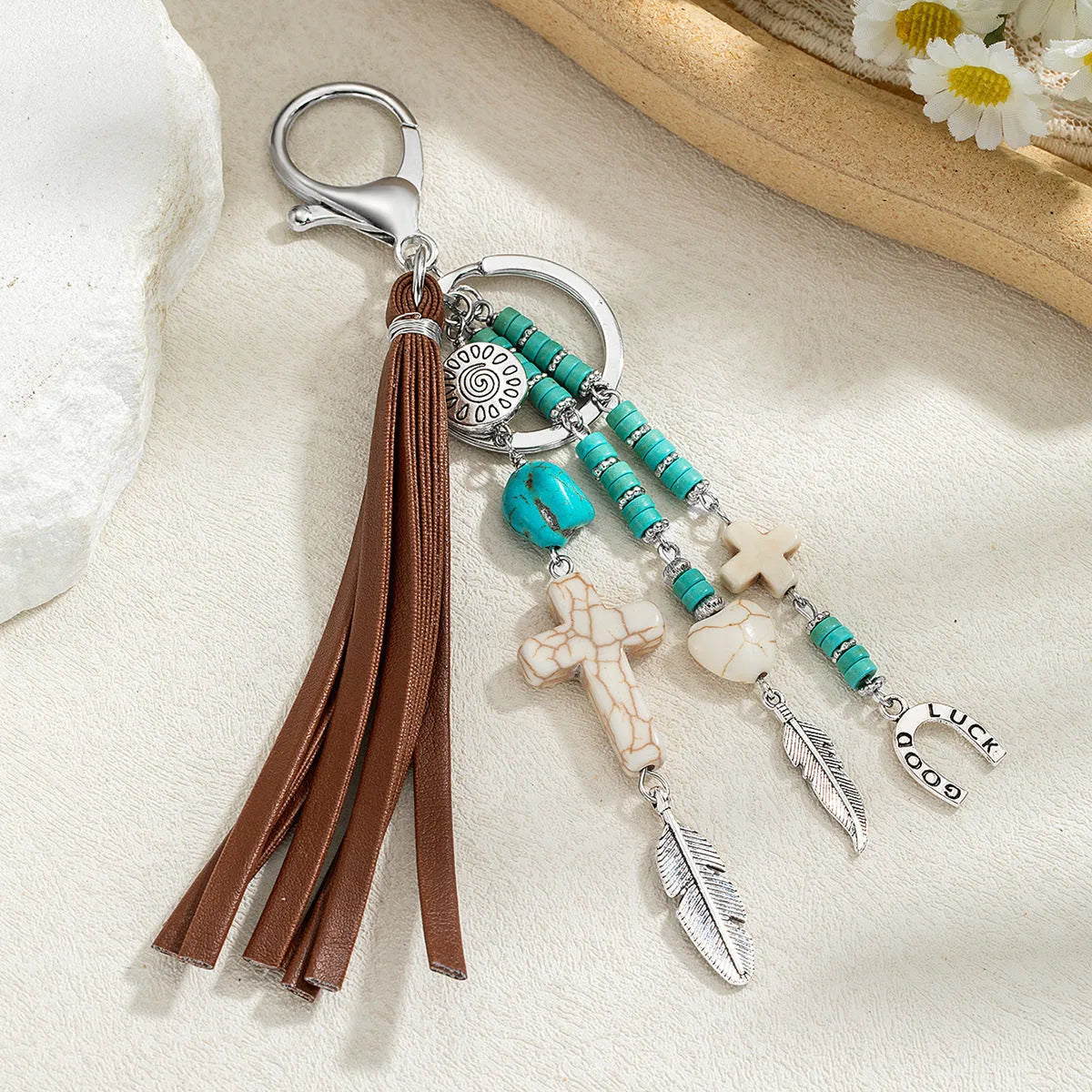 Alloy cross pendant with leather rope and tassel keychain in retro style colour XY-3669