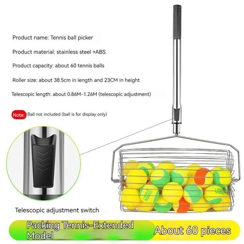 Stainless steel tennis ball roller picker with adjustable handle on a tennis court