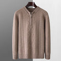 Men's grey wool half-zip sweater with diamond lattice pattern showing front zip and long sleeves