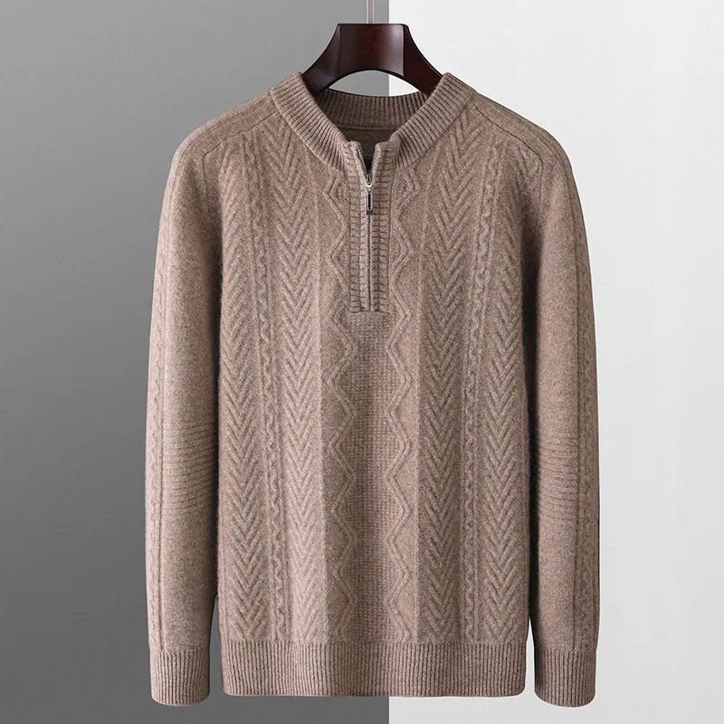 Men's grey wool half-zip sweater with diamond lattice pattern showing front zip and long sleeves