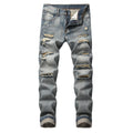 Men's ripped straight denim trousers in dark blue mid-waist straight-leg cotton blend casual jeans