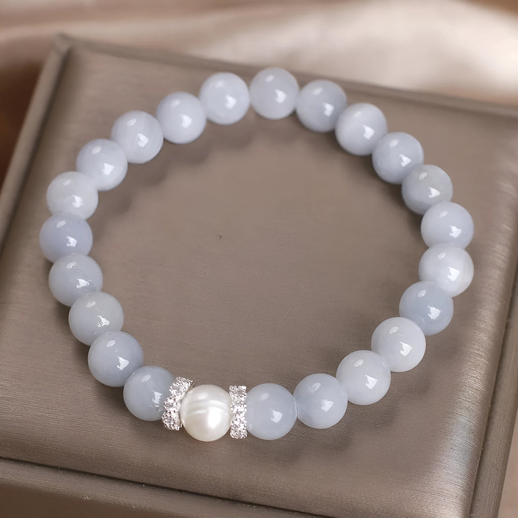 Natural aquamarine bracelet with white sweet clear gemstones and navy blue sapphire pearl accent, women's national style jewellery