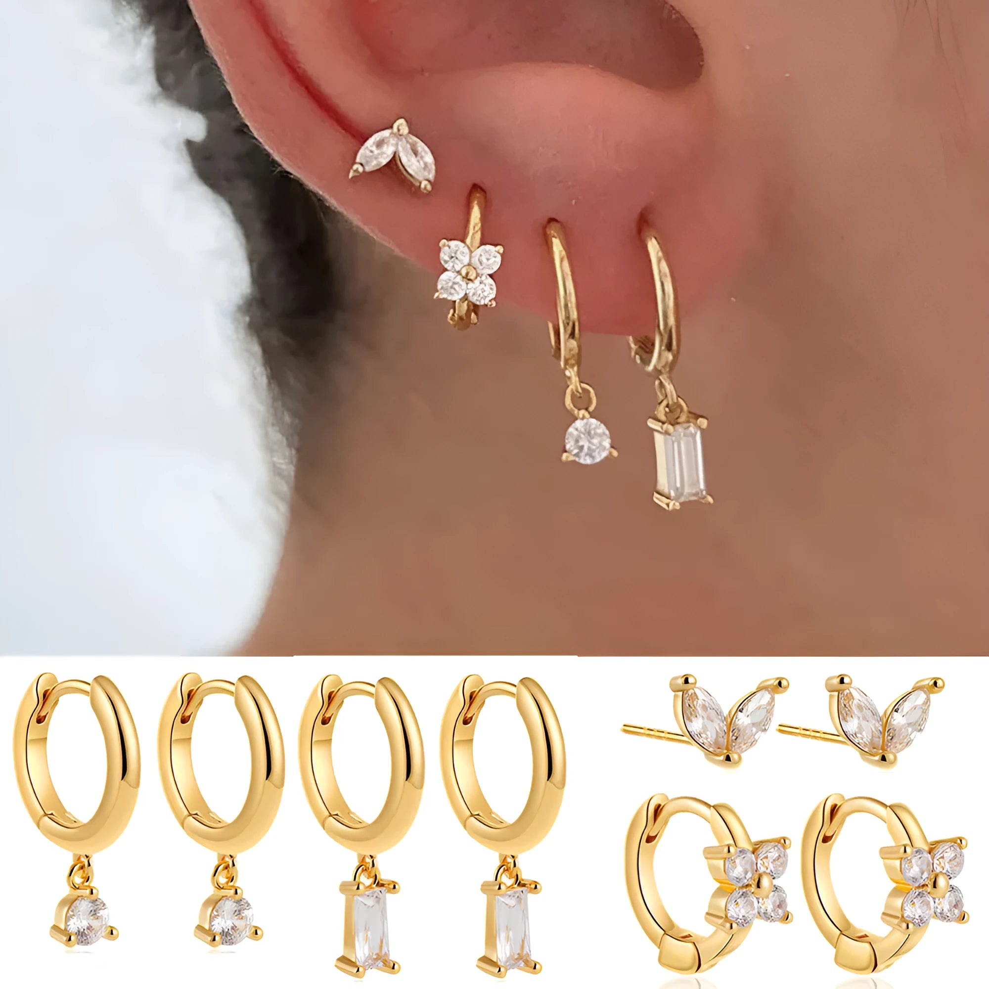 Copper geometric square earrings with zircon detailing in gold or silver finish