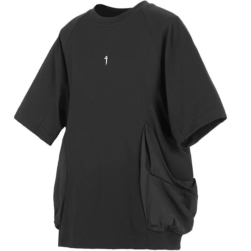Men's loose casual cotton short sleeve T-shirt with big pockets in black colour