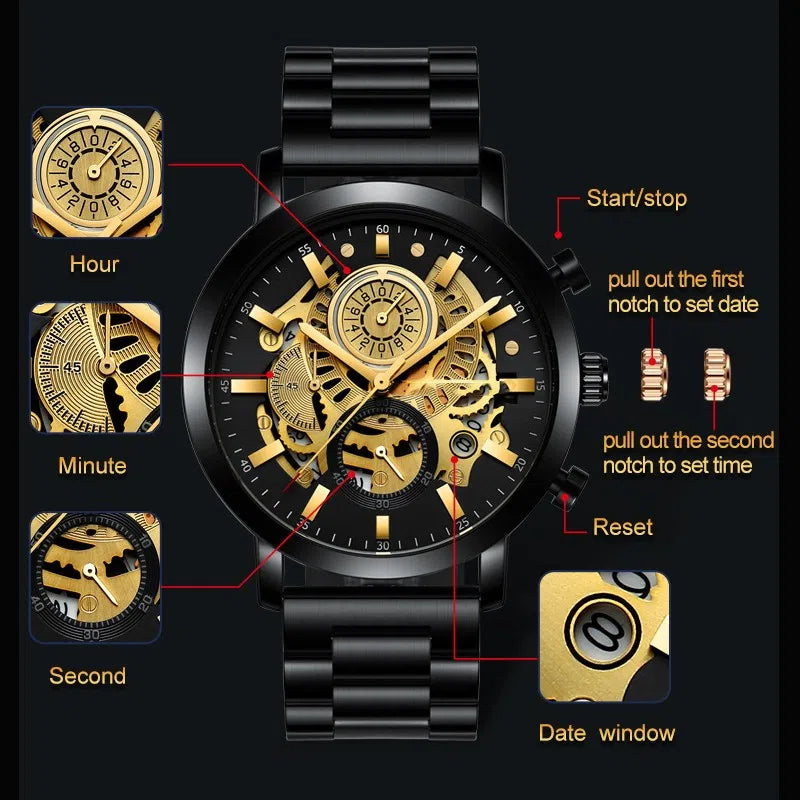 Men's multi-functional calendar watch with hollowed round dial, stainless steel strap, and butterfly buckle on grey background