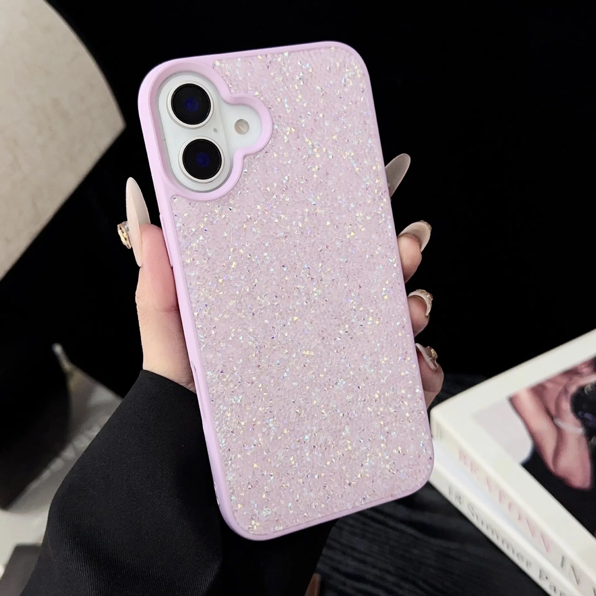 Luxury full diamond handmade phone case for iPhone 17 series in black colour with textured finish