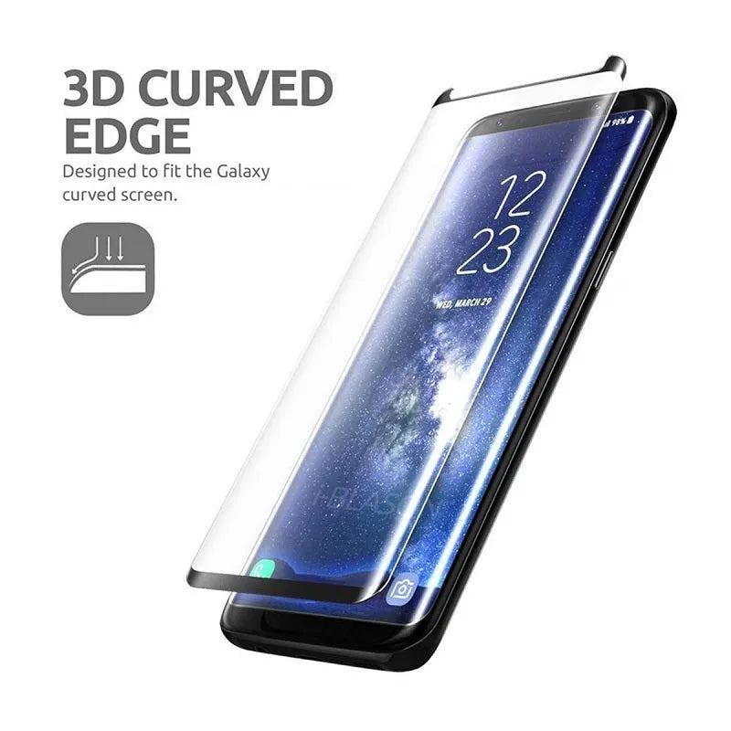 Tempered glass screen protector for Samsung Galaxy smartphones with anti-fingerprint coating.