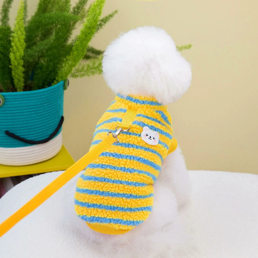 Thickened striped bear pet top in polar fluff, yellow or green, sizes S to XXL