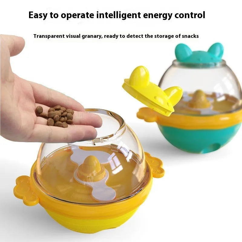 Yellow TPR dog food feeder tumbler toy with measurements 11.2 x 13.9 x 12.2 cm for slow feeding enrichment
