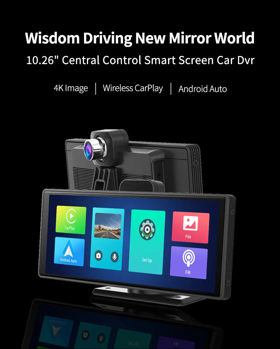 10.26-inch touch screen car dash cam unit with rear camera on a car windscreen.