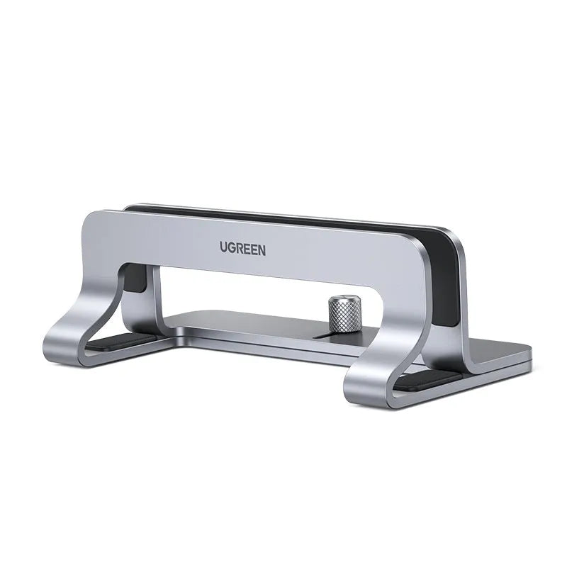Silver aluminium alloy laptop cooling stand with adjustable width settings on a desk