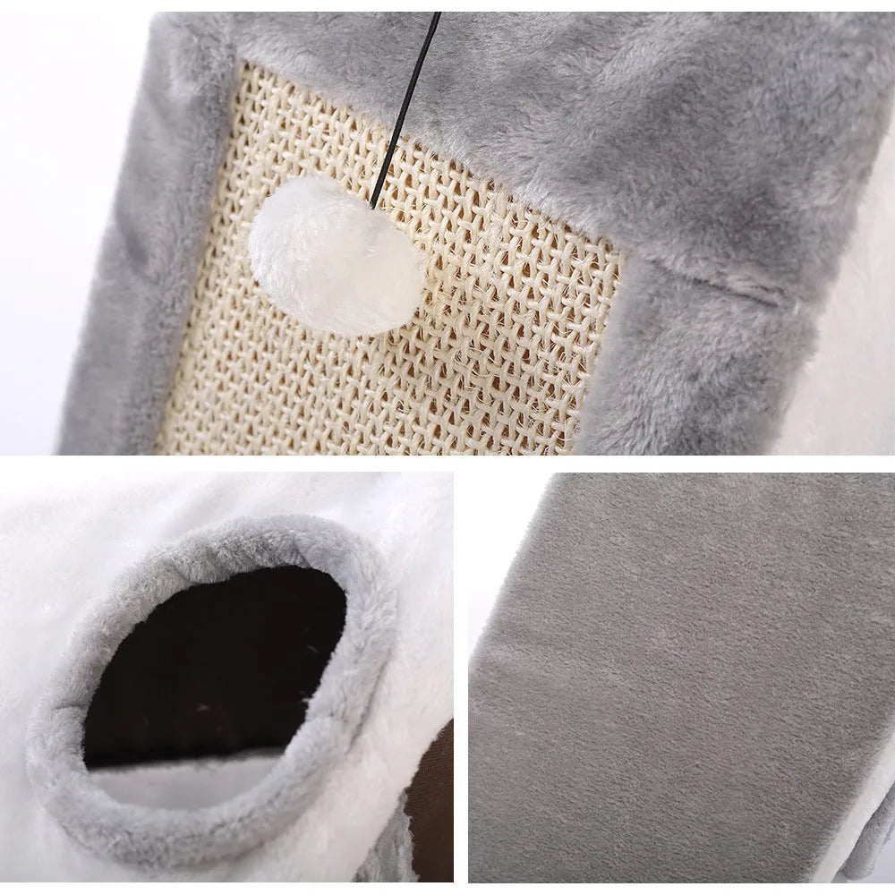 Triangle-shaped cat bed with integrated sisal scratching surfaces in grey and white colour option