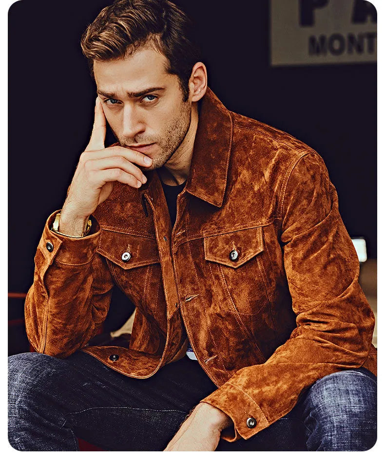 Men's brown pigskin leather biker jacket with asymmetric zip front and stand collar