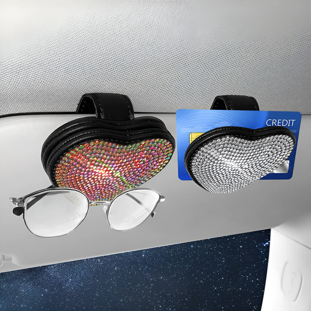 Magnetic PU leather car sun visor clip holding a pair of glasses, shown in a diamond-pattern colour.