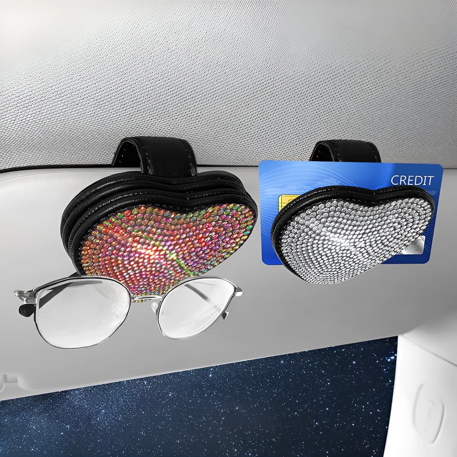 Magnetic PU leather car sun visor clip holding a pair of glasses, shown in a diamond-pattern colour.