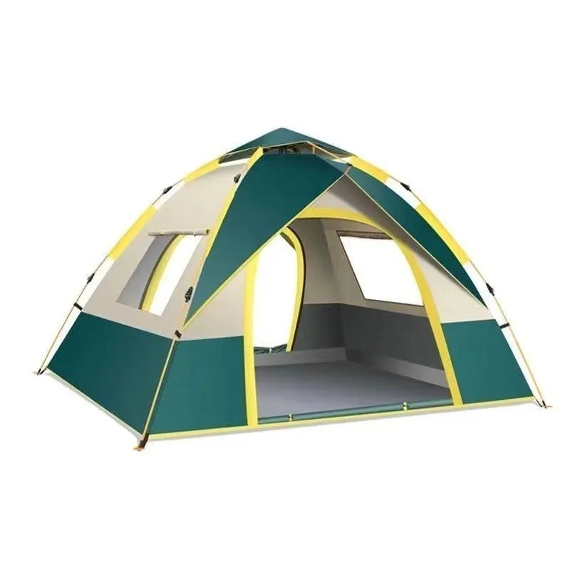 Blue 3-4 person automatic camping tent set up outdoors with rain and sun protection flysheet