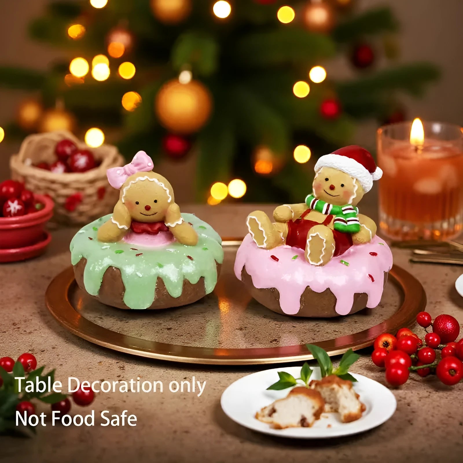 Hand drawn cartoon resin Christmas gingerbread man ornament with green bow design on white background