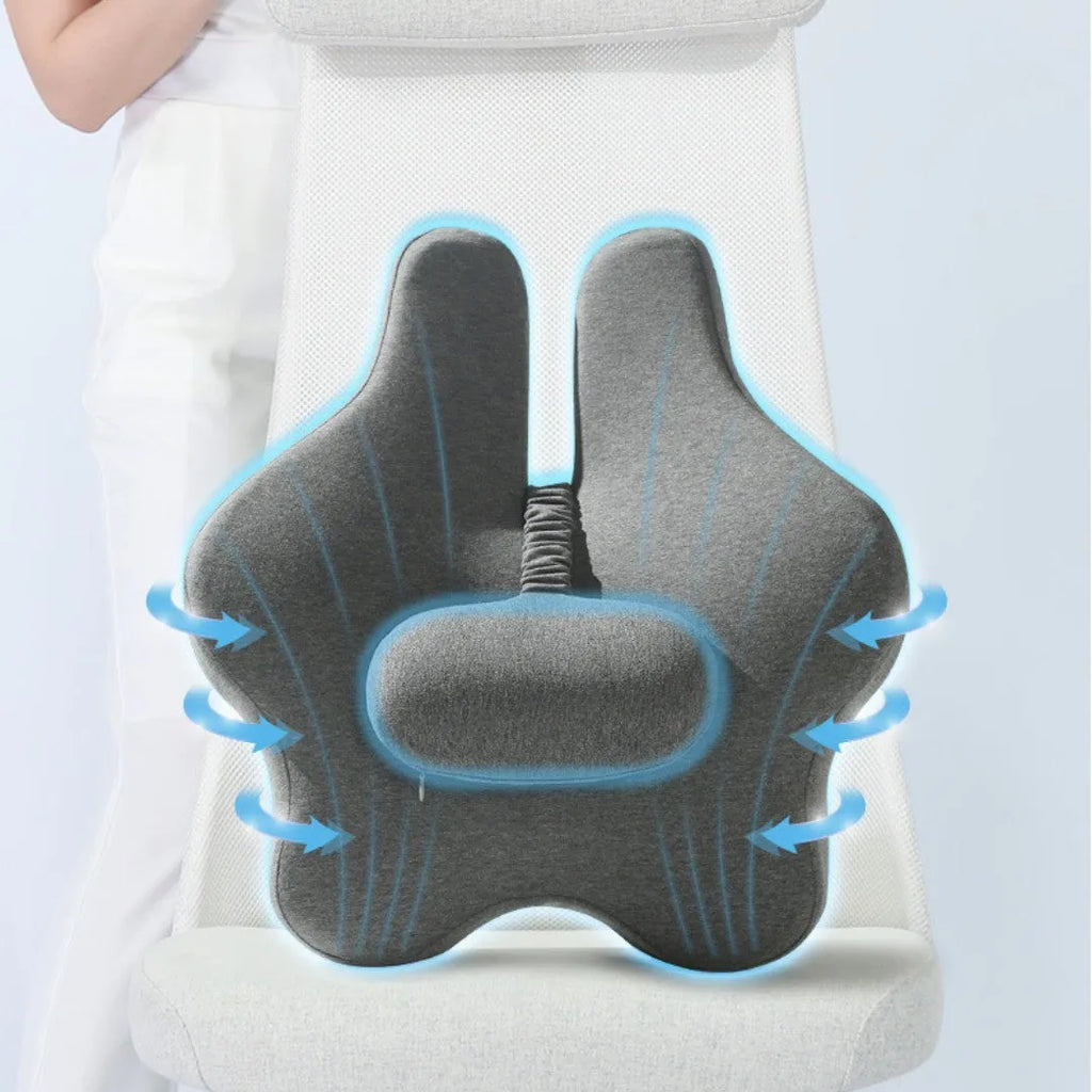 Memory foam car cushion with lumbar support in black, grey, or pink