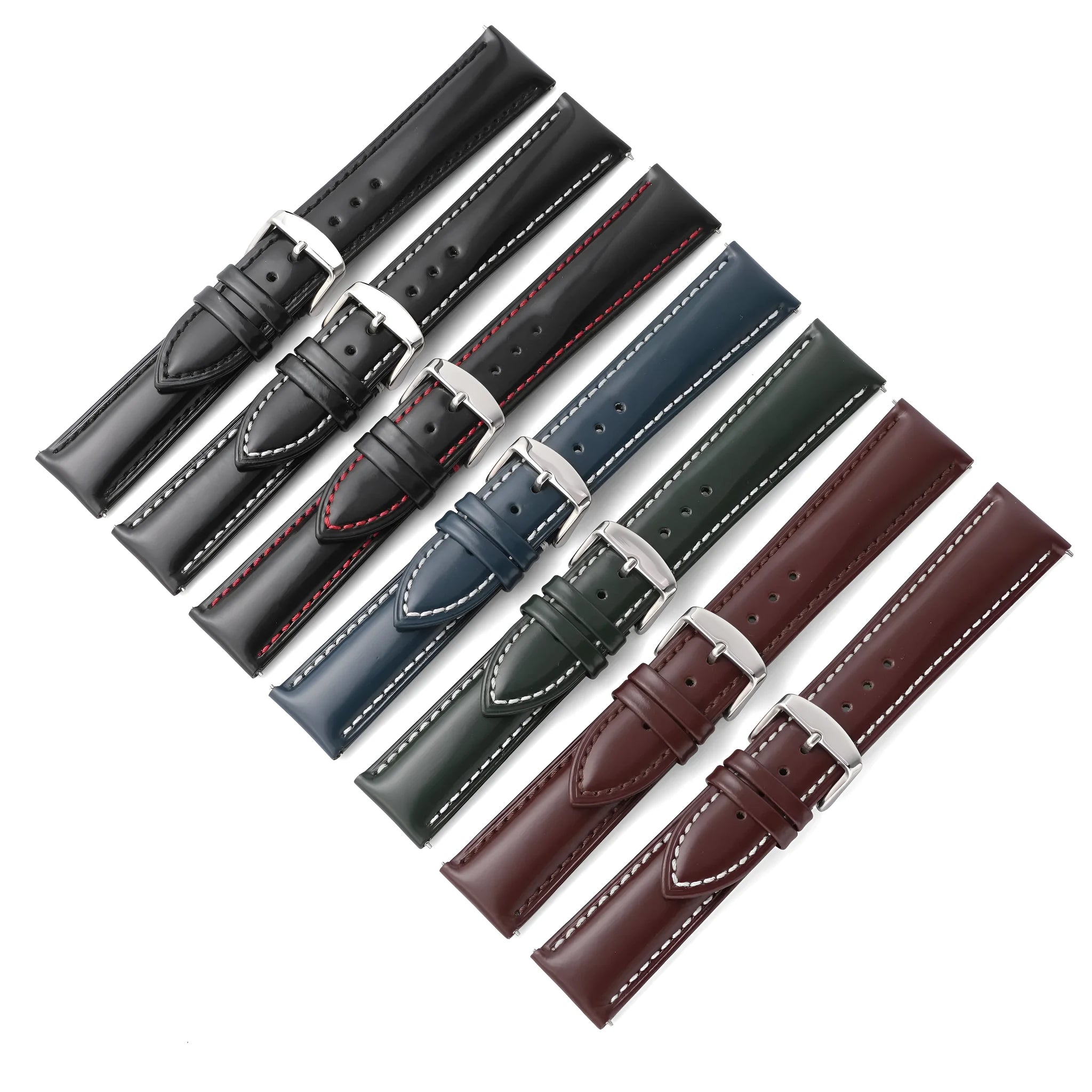 Quick release leather watch strap in black on a watch, showing the ear leather attachment and quick release tabs.