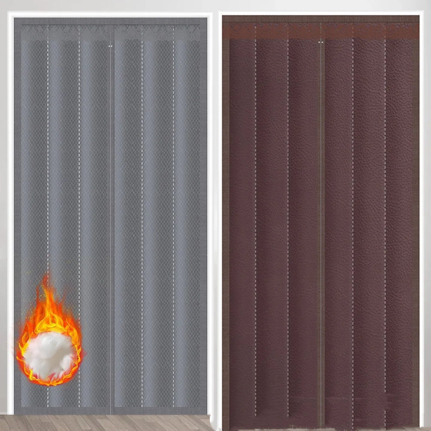 Full seam long magnetic strip cotton door curtain in New Chinese style, shown in grey colour.