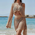 Khaki women's bell sleeve top and skirt set with hollow-out detailing for sun protection