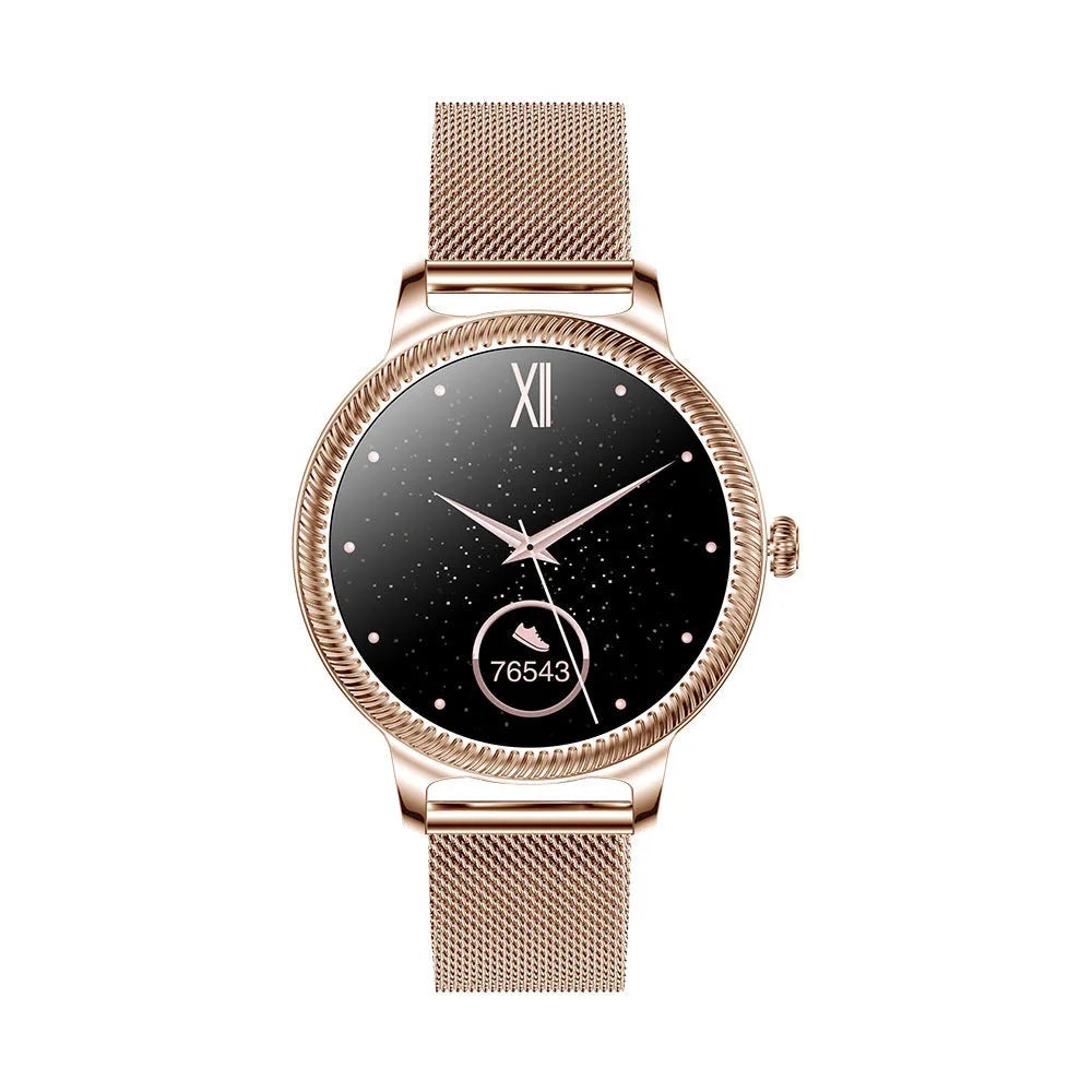 AK38 ladies smart watch with stainless steel band and 1.09-inch display in gold and silver colour options