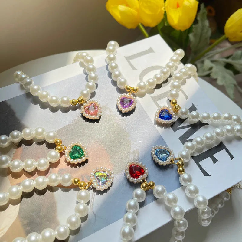 Retro love crystal pendant imitation pearl pet necklace for cats and dogs, colour options black coral blue green pink purple red sapphire blue