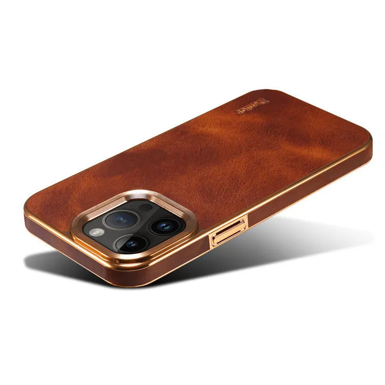 Handmade brown leather iPhone case showing textured finish and slim profile.