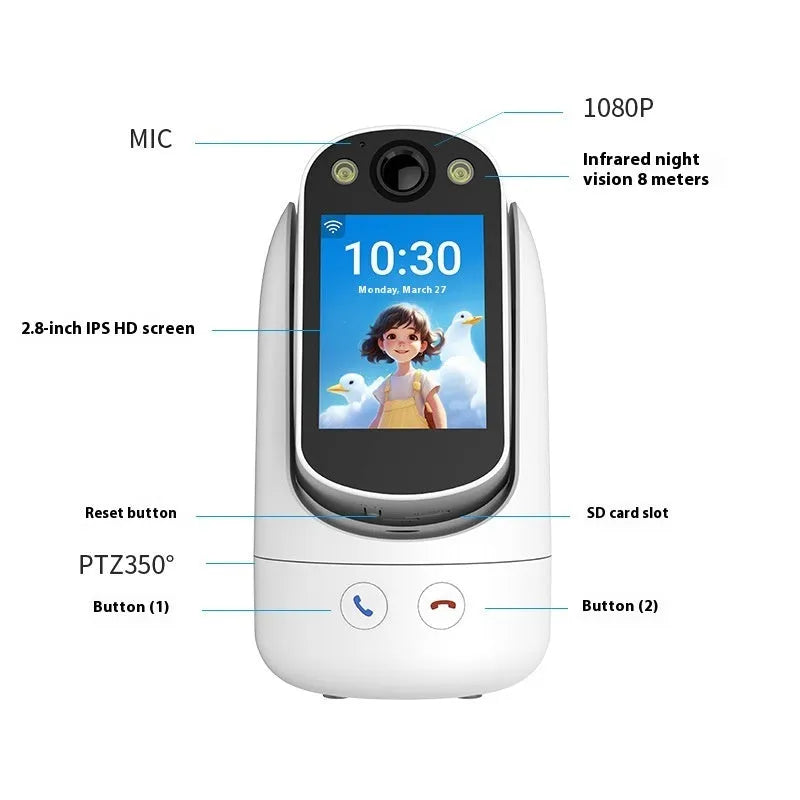 White C20 surveillance camera with 2.8-inch screen and wide-angle lens for indoor monitoring