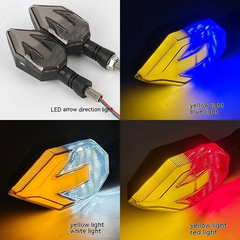 Arrow-shaped LED motorcycle turn signal light with ABS plastic housing for 12V systems.