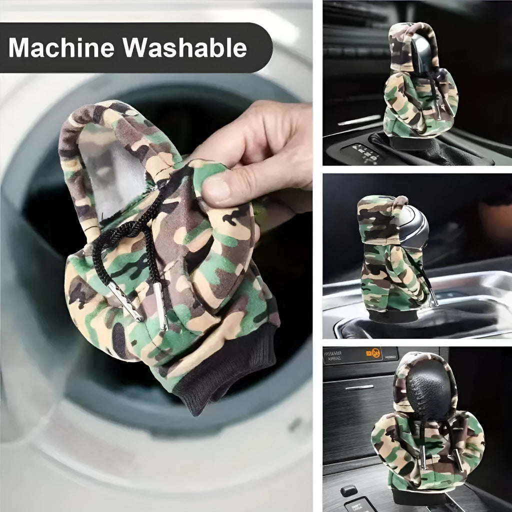 Grey camouflage polyester gear lever cover on car shift stick in sweater style