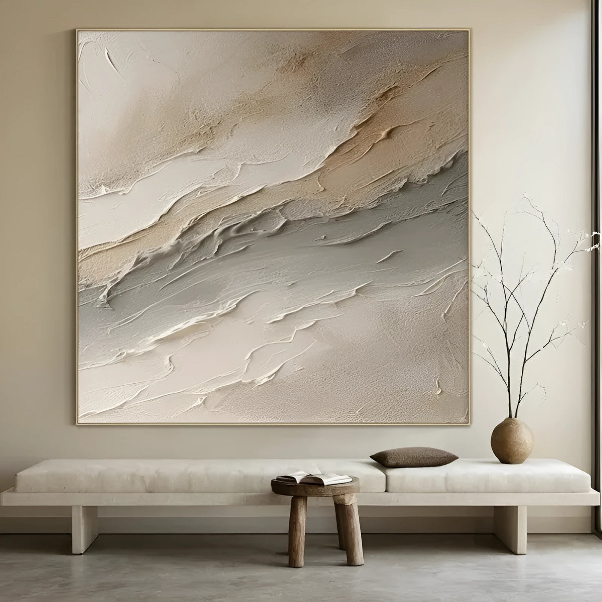 Hand-painted beige grey abstract oil painting on rolled unframed canvas for living room wall decor