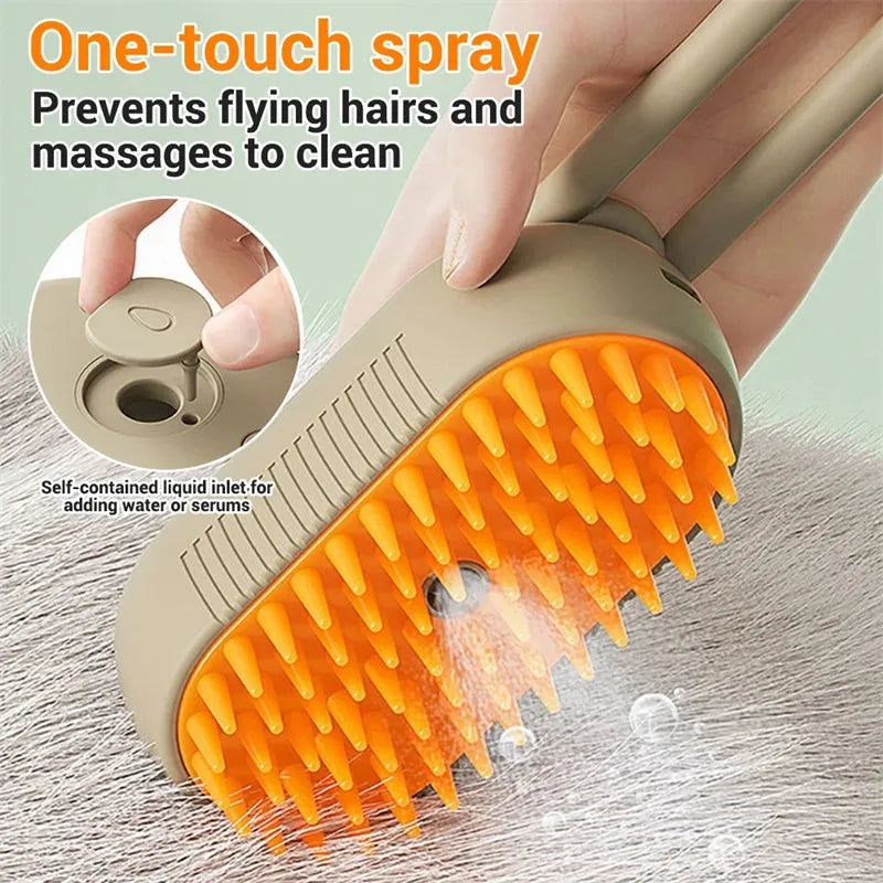 3-in-1 electric steam pet brush in milk brown with silicone bristles and ergonomic handle