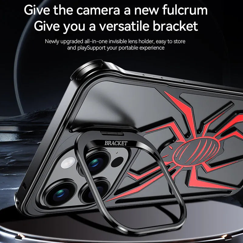 Frameless airbag drop-resistant metal phone case for iPhone, black, half pack style with hollow design.