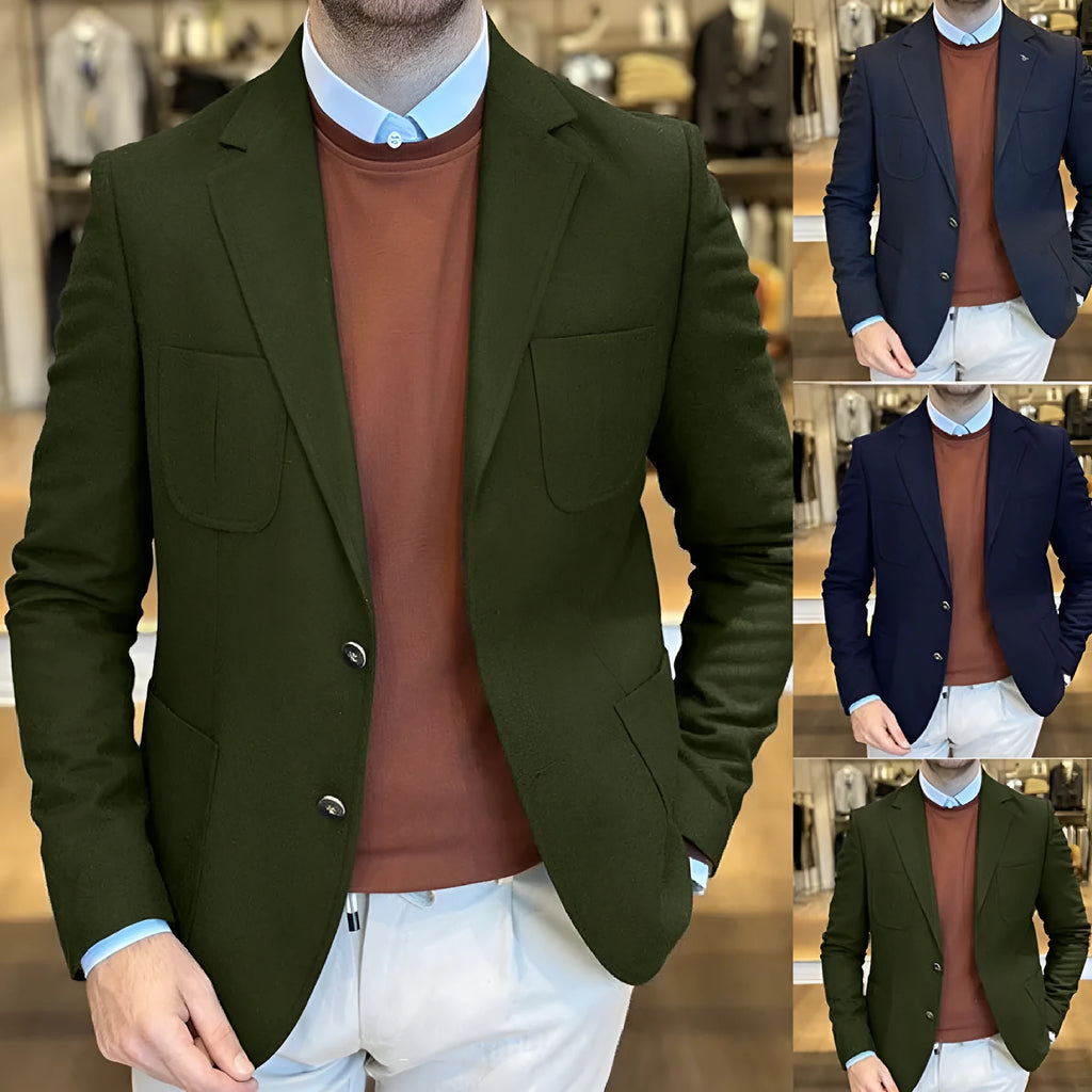 Men's casual cotton suit jacket in loose retro style showing tailored details and colour options